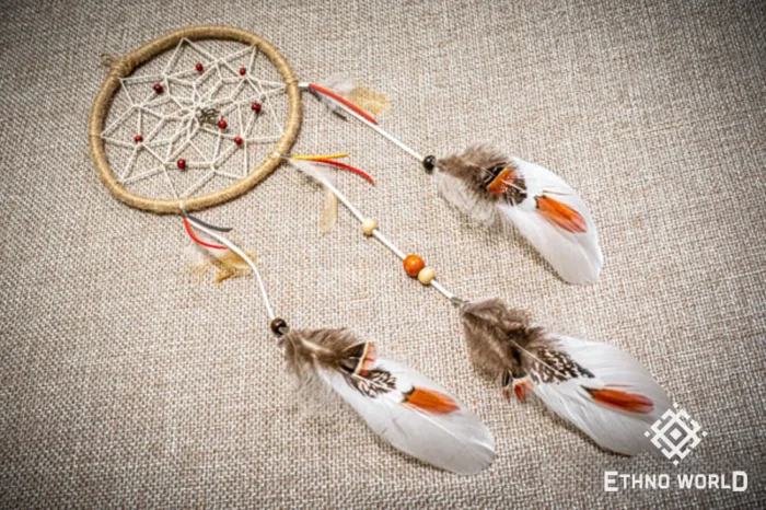 Medium dreamcatcher with natural feathers, macrame weaving and beads, ethnic wall hanging decor, Ethno World