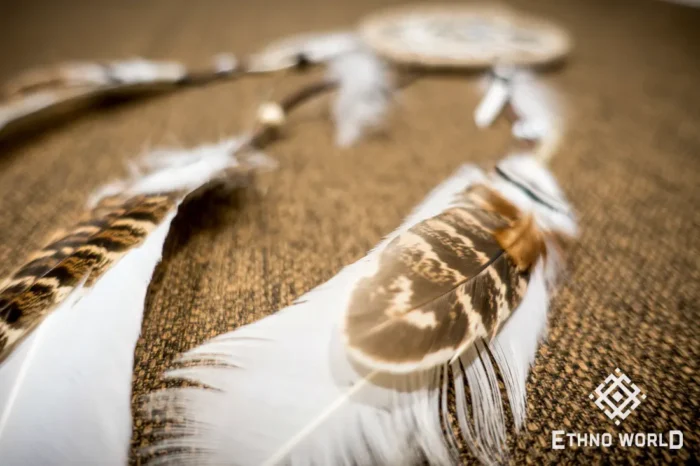 Medium handmade dreamcatcher with feathers and wooden beads, hand-woven web pattern, boho wall decor, Ethno World