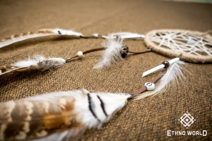 Medium ethnic dreamcatcher, woven dream web with feathers and beads, rustic home decoration, Ethno World