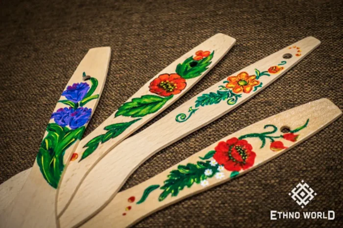 Wooden spatulas with traditional Petrykivka floral painting, handmade kitchen decor, Ethno World
