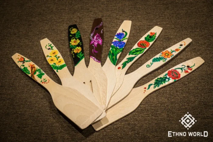 Hand-painted wooden kitchen utensils with Petrykivka folk art, handmade cutting board set, Ethno World