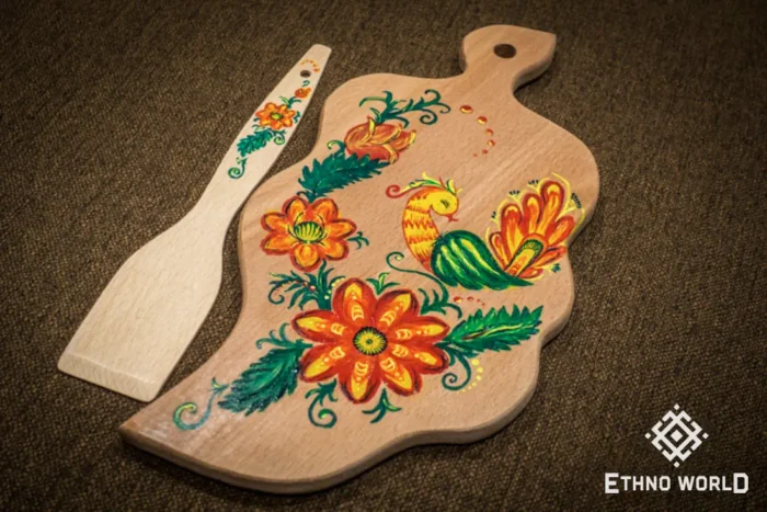 Wooden spatulas with traditional Petrykivka floral painting, handmade kitchen decor, Ethno World