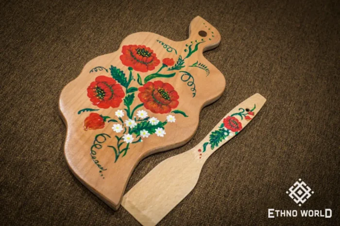 Set of hand-painted wooden spatulas, Ukrainian folk art design, natural wood utensils, Ethno World