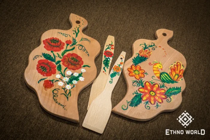 Wooden spatula with hand-painted floral pattern, Petrykivka style, Ukrainian craft, Ethno World