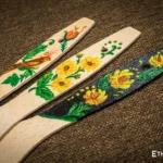 Collection of wooden kitchen utensils with Petrykivka painting, handmade Ukrainian folk art, Ethno World