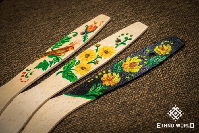 Collection of wooden kitchen utensils with Petrykivka painting, handmade Ukrainian folk art, Ethno World