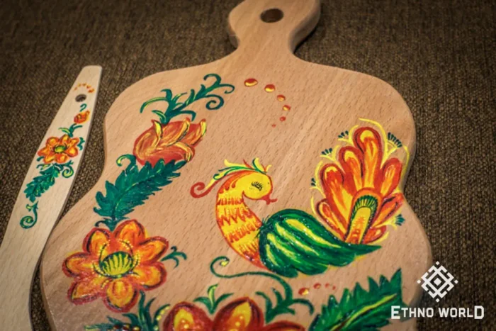 Hand-painted wooden kitchen utensils with Petrykivka folk art, handmade cutting board set, Ethno World