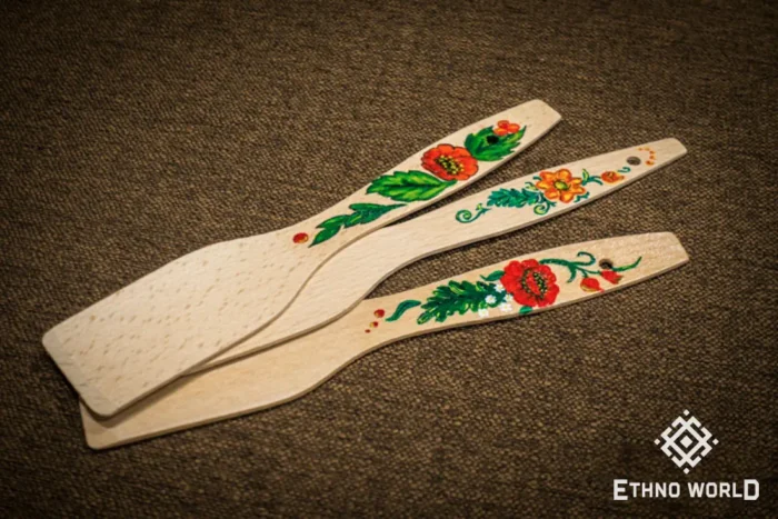 Set of hand-painted wooden spatulas, Ukrainian folk art design, natural wood utensils, Ethno World