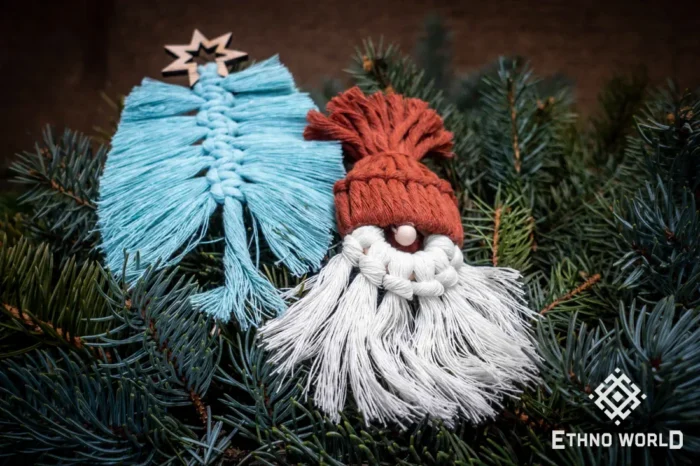 Handmade macramé Christmas tree ornament, woven cotton thread with wooden star topper, Ethno World
