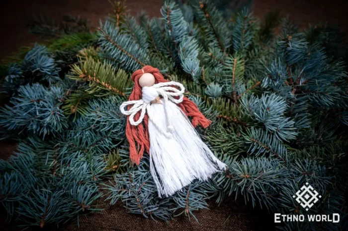 Handmade macramé figurine, woven cotton and jute thread, tabletop or tree decoration, Ethno World