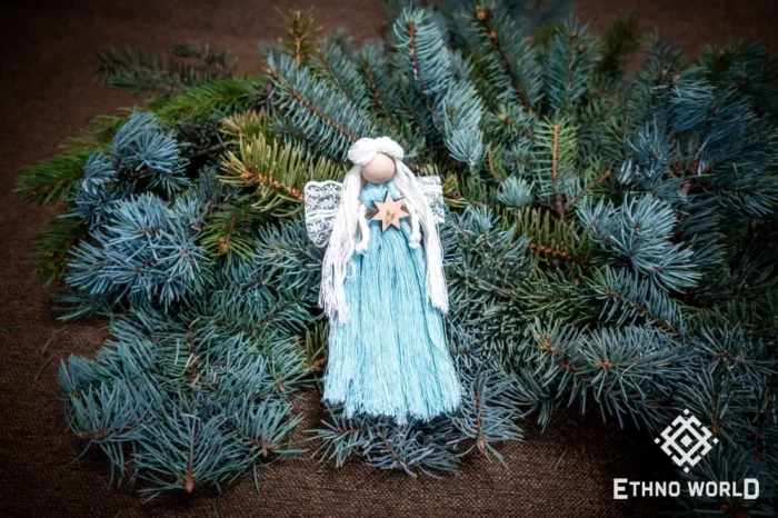 Handmade macramé Christmas decoration, teal and white woven tree design, Ethno World