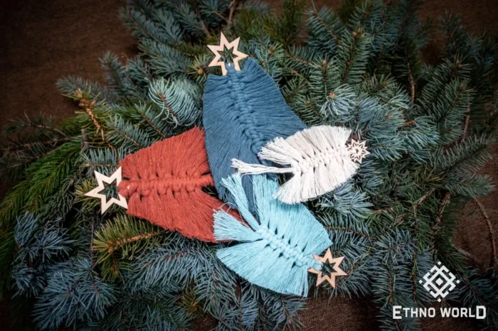 Handmade macramé Christmas decoration, teal and white woven tree design, Ethno World