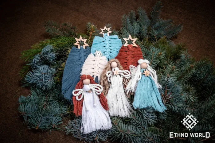 Set of handmade macramé ornaments, cotton and jute thread, boho Christmas decor, Ethno World