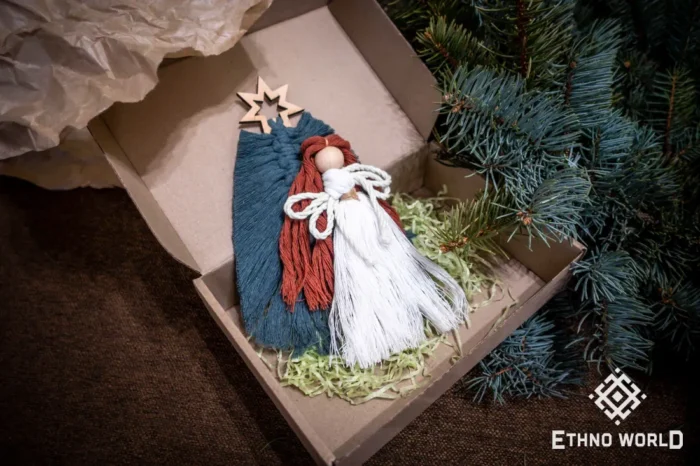 Handmade macramé gnome ornament, woven beard and hat design, boho holiday decor, Ethno World