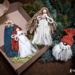 Handmade macramé angel ornament with jute hair and wooden star, festive decoration, Ethno World