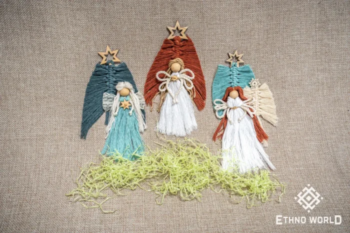 Handmade macramé decor, natural cotton thread weaving with wooden bead accents, Ethno World