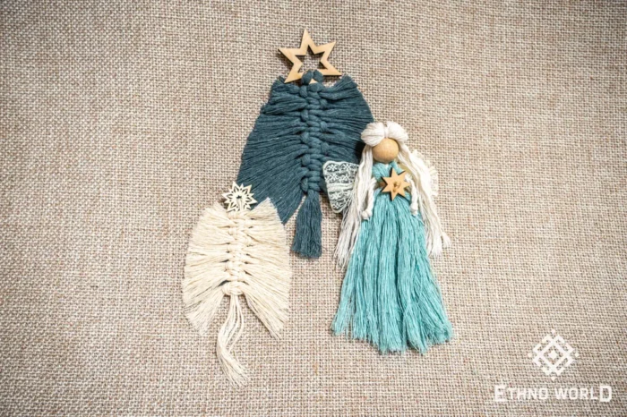 Set of handmade macramé ornaments, cotton and jute thread, boho Christmas decor, Ethno World