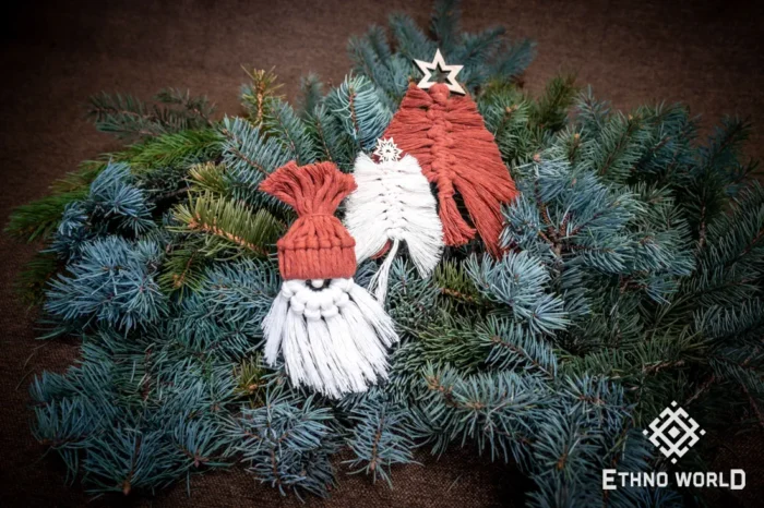 Handmade macramé Christmas decoration, teal and white woven tree design, Ethno World