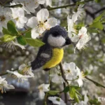 Needle felted blue tit bird on cherry blossom, handmade wool