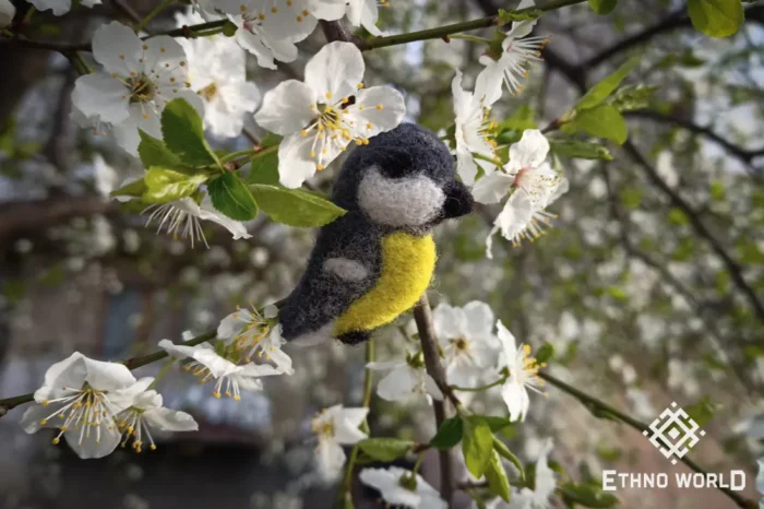 Needle felted blue tit bird on cherry blossom, handmade wool