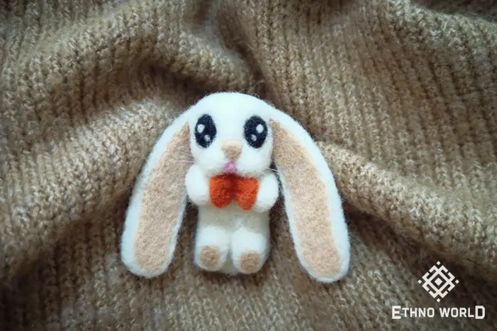 Needle felted white bunny brooch, handmade wool