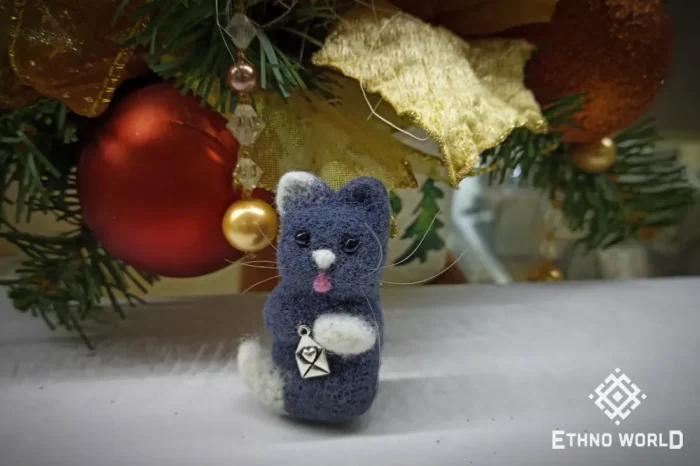 Needle felted grey mouse Christmas ornament, handmade wool