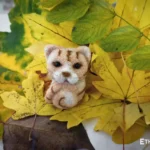 Needle felted kitten with autumn leaves, handmade wool