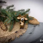 Needle felted deer with pine branches, handmade wool