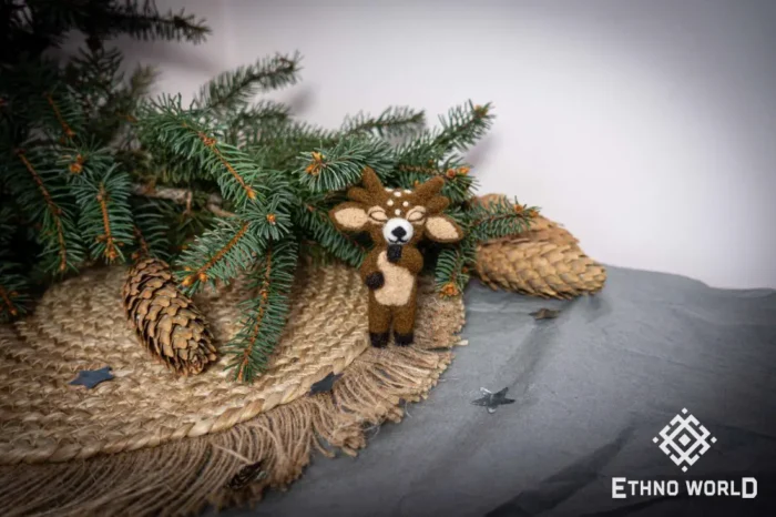 Needle felted deer with pine branches, handmade wool