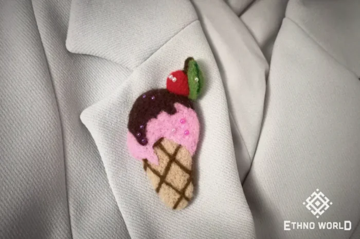 Needle felted ice cream cone brooch, handmade wool