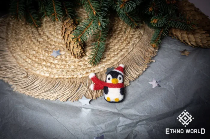 Needle felted small penguin Christmas ornament, handmade wool